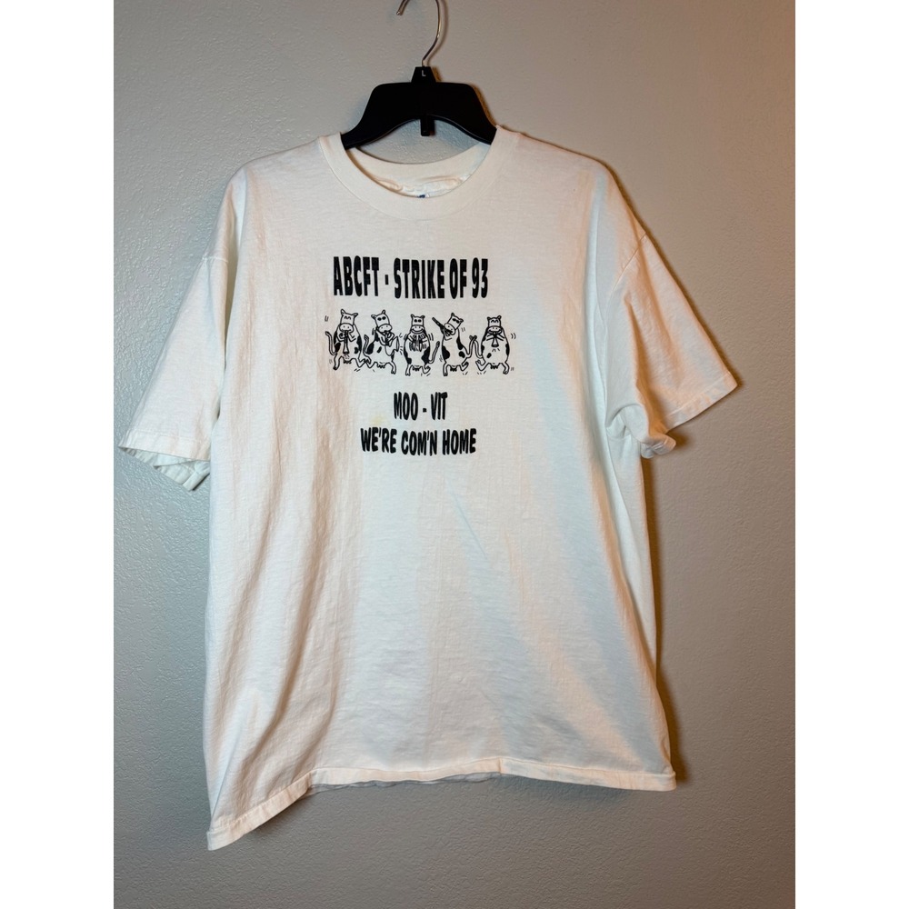 Vintage Hanes Beefy-T ABCFT Strike of 93 Cow Graphic T-Shirt White XL USA Made